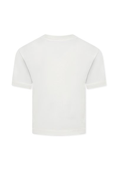 Witte katoenen t-shirt met korte mouwen, ronde halslijn en een gladde textuur. De achterkant toont geen versieringen of logo's.