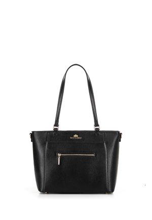 Borsa tote in pelle nera con finitura strutturata, doppio manico, tasca frontale con zip e accentatura del logo dorato sul pannello frontale superiore.