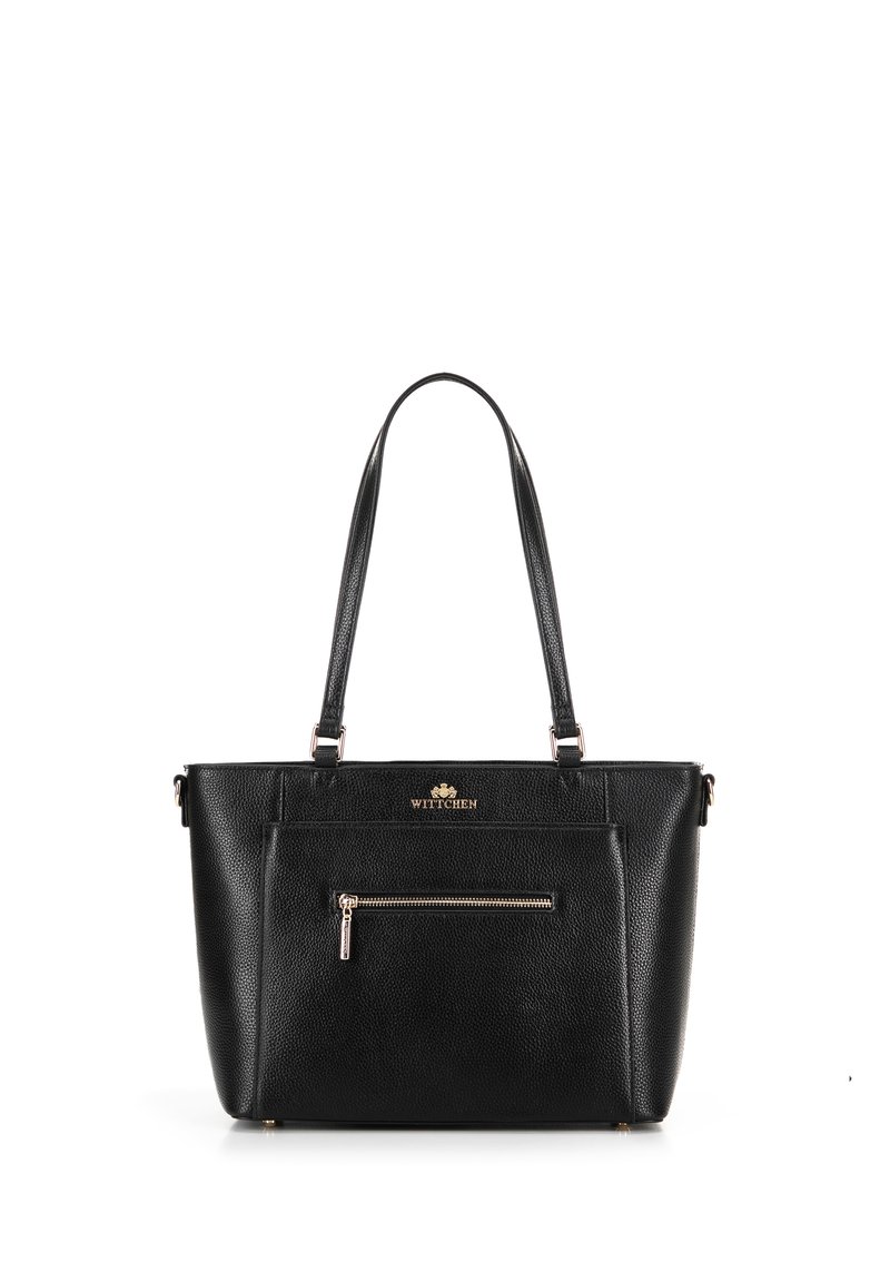 Borsa tote in pelle nera con finitura strutturata, doppio manico, tasca frontale con zip e accentatura del logo dorato sul pannello frontale superiore.