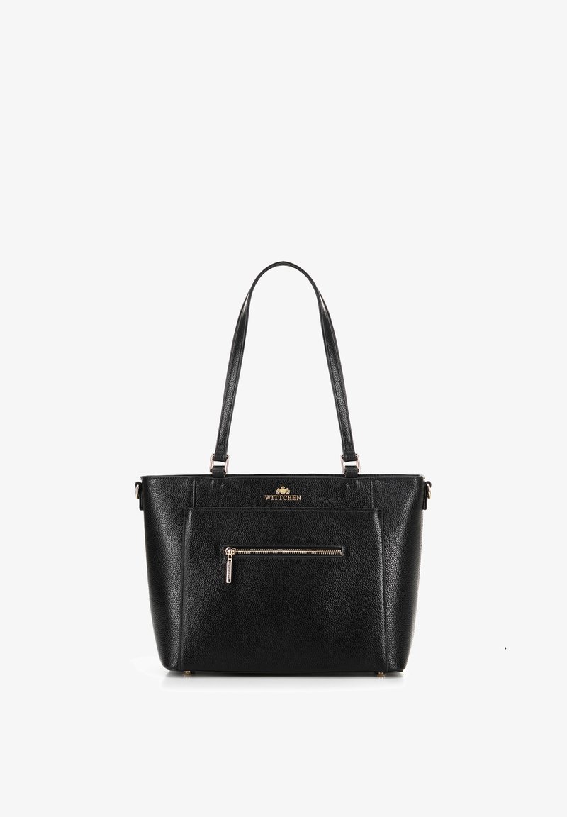 Borsa tote in pelle nera con finitura strutturata, doppio manico, tasca frontale con zip e accentatura del logo dorato sul pannello frontale superiore.