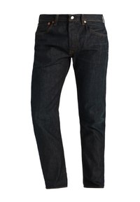Jeans in denim blu scuro con design a gamba dritta, caratterizzati da cuciture arancioni, tasche frontali e chiusura con zip e bottone.