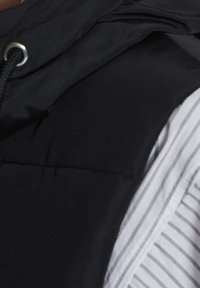 Gilet imbottito nero con cappuccio regolabile, caratterizzato da dettagli a cuciture frontali. Indossato sopra una camicia bianca con strisce verticali grigie. Texture liscia.