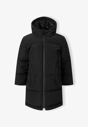 Geacă puffer neagră cu glugă, fermoar pe toată lungimea și două buzunare laterale; design matlasat cu finisaj mat și croi drept.