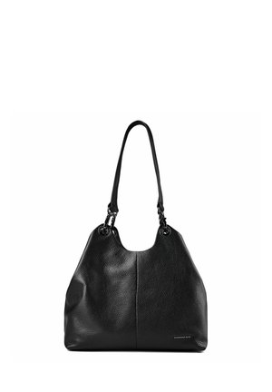 Bolso de hombro de cuero negro texturizado con doble asa y detalles en hardware plateado, forma rectangular con una ligera curva en los bordes superiores.