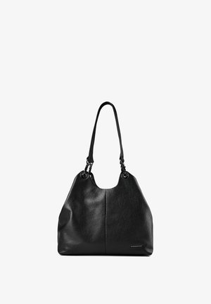 Sac bandoulière en cuir noir texturé avec doubles anses et détails en métal argenté, forme rectangulaire avec légère courbe aux bords supérieurs.