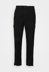 Pantalons cargo noirs au design ajusté, avec des poches latérales, une fermeture éclair à l'ourlet et une texture en coton lisse.