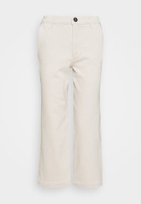 Beżowe spodnie o szerokich nogawkach wykonane z tkaniny z domieszką bawełny. Posiadają zapięcie na guziki z przodu, szlufki na pasek oraz dwie boczne kieszenie.