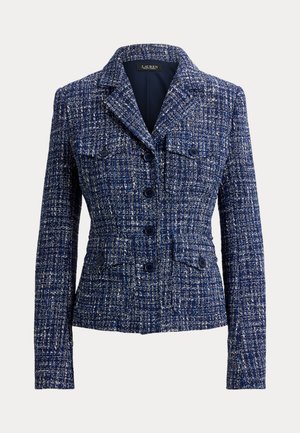 Blau-weißer Tweed-Blazer mit Reverskragen, vier Knöpfen vorne, zwei aufgesetzten Brusttaschen und zwei unteren Klappentaschen.