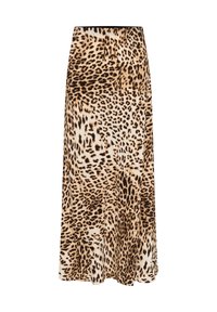 Leopardų rašto maksi sijonas su prigludusia juosta, laisva forma, smėlio ir rudos spalvų deriniu bei lengvu, švelniu audinio tekstūra.
