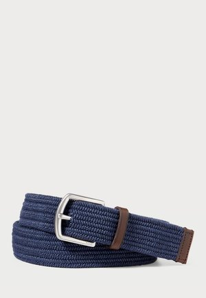 Navy woven belt with a textured design, featuring a silver metal buckle and brown leather accents. Braided construction adds flexibility.