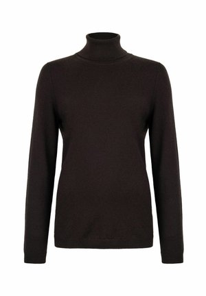 Zwarte, nauwsluitende coltrui met lange mouwen en geribbelde randen aan de kraag, manchetten en zoom.