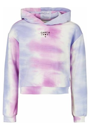 Krótka bluza z kapturem z wzorem tie-dye w pastelowych odcieniach różu i fioletu, długie rękawy, nadruk "GARCIA" z grafiką faz księżyca z przodu oraz ściągacze przy mankietach.