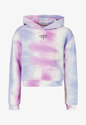 Krótka bluza z kapturem z wzorem tie-dye w pastelowych odcieniach różu i fioletu, długie rękawy, nadruk "GARCIA" z grafiką faz księżyca z przodu oraz ściągacze przy mankietach.