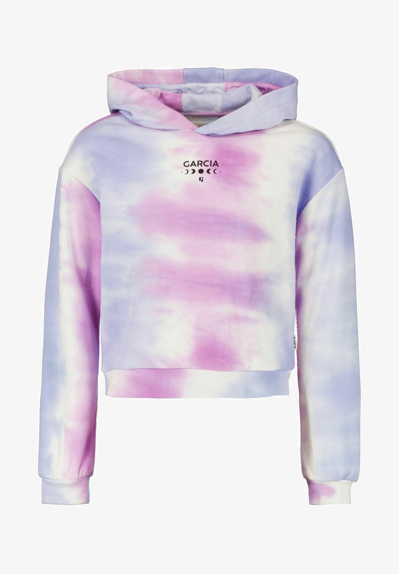 Sweat à capuche court avec motif tie-dye pastel rose et violet, manches longues, texte "GARCIA" à l'avant avec un logo des phases de la lune, et poignets côtelés.