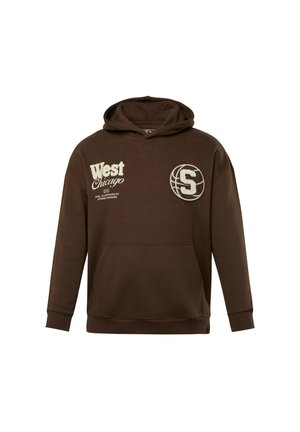 Brauner Baumwoll-Hoodie mit einer Vordertasche, auf der Vorderseite mit dem Text "West Chicago" und einem Emblem mit einem Basketball und dem Buchstaben "S".