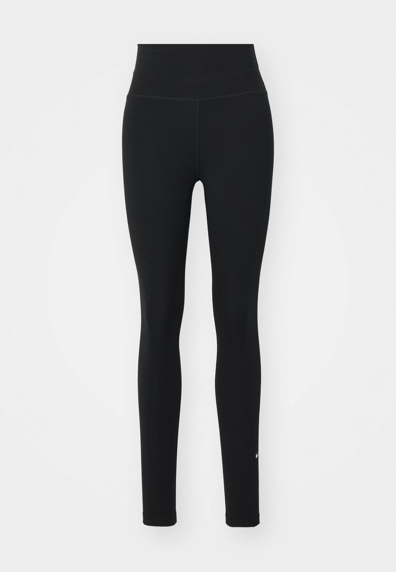 Leggings neri con una vita alta, realizzati in tessuto elasticizzato. Presentano un minimo dettaglio del logo bianco vicino all'orlo. Texture liscia, design a lunghezza completa.