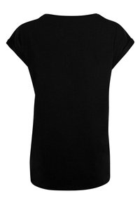 Black t-shirt made of soft fabric, featuring a round neckline and rolled sleeves. The back is simple with a smooth texture and no patterns.