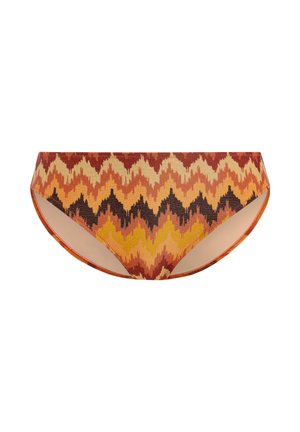 Bas de bikini à motifs avec un design en zigzag dans des tons chauds d'orange, de jaune et de bordeaux ; fabriqué en tissu doux et extensible.