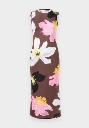 Sleeveless brown dress with large floral print in pink, white, black, and yellow. Features a round neckline and slim fit.