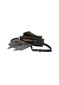 Borsa a tracolla nera in pelle con tracolla regolabile, dotata di più scomparti, dettagli in cerniera dorata e una finitura liscia.