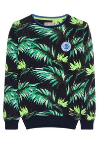 Sweatshirt noir avec motif de feuilles de palmier vertes, col rond, poignets et ourlet côtelés, avec un logo circulaire bleu sur le devant.