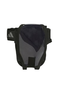 Borsa da braccio nera con copertura trasparente, progettata per riporre telefoni o piccoli oggetti. Presenta cinturini in tessuto regolabili e bordi rinforzati.