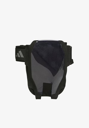 Black armband pouch with transparent front cover, designed for phone or small item storage. Features adjustable fabric straps and reinforced edges.