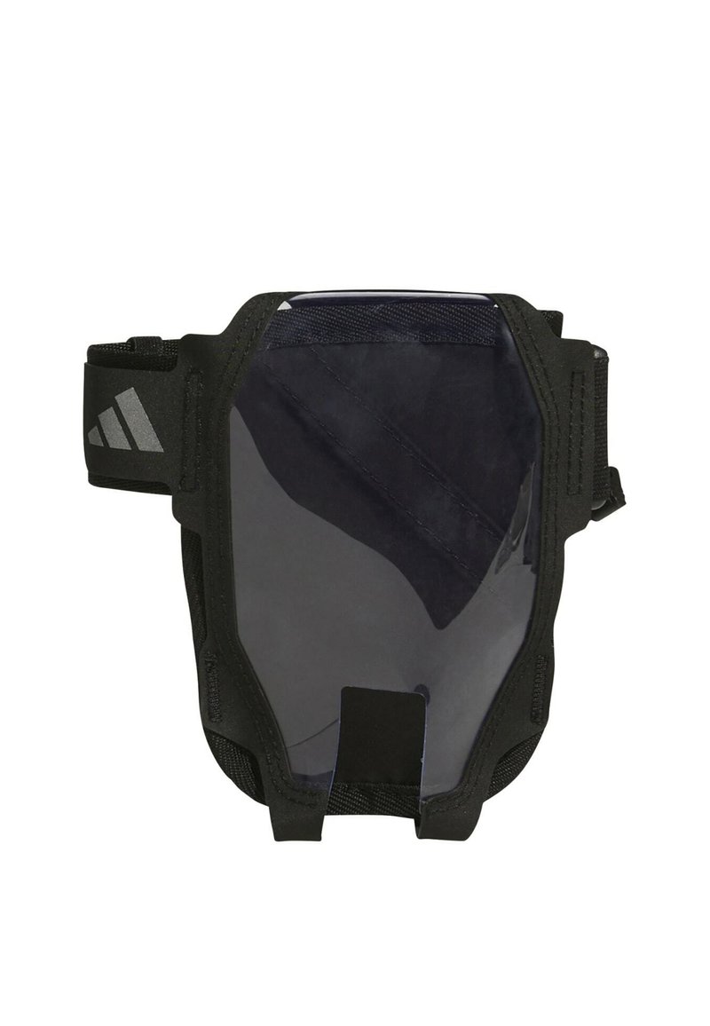 Borsa da braccio nera con copertura trasparente, progettata per riporre telefoni o piccoli oggetti. Presenta cinturini in tessuto regolabili e bordi rinforzati.