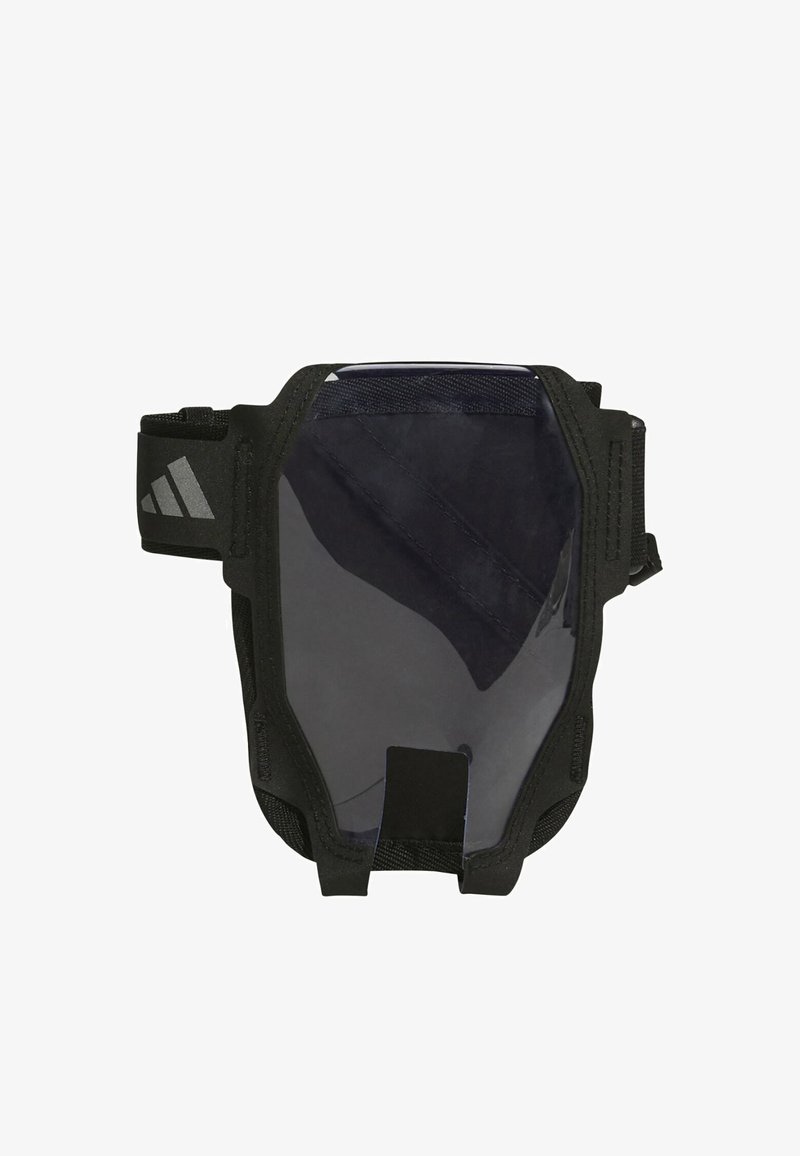 Pochette noire à bras avec couverture frontale transparente, conçue pour le rangement de téléphones ou de petits objets. Dispose de sangles en tissu ajustables et de bords renforcés.