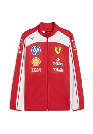 Rød og hvid Ferrari racerkjole med frontlynlås og sponsorlogoer, herunder HP, Shell, IBM, UniCredit, CEVA og Ferrari-emblemet.