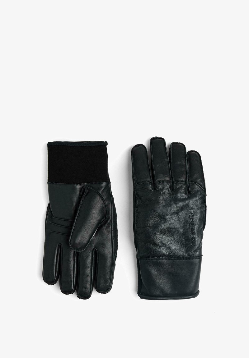 Schwarzelederhandschuhe mit einer strukturierten Oberfläche. Verfügt über einen gerippten schwarzen Stoffbund und detaillierte Nähte auf der Handfläche und den Fingern.