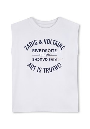 Weißes ärmelloses Oberteil mit marineblauem Text, auf dem "Zadig & Voltaire", "Rive Droite", "Est. 1997", "Rive Gauche" auf dem Kopf stehend und "Art is Truth" mit einem kleinen Totenkopf steht.
