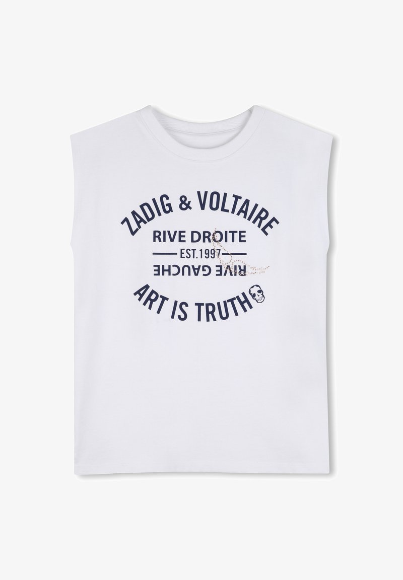 Fehér ujjatlan felső tengerészkék felirattal: "Zadig & Voltaire", "Rive Droite", "Est. 1997", az "Rive Gauche" fejjel lefelé, valamint "Art is Truth" kis koponyával.