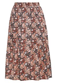 Blomstret maxiskirt med elastisk talje. Sort baggrund med rød, hvid og orange botanisk print. Letvægts, svævende stof.