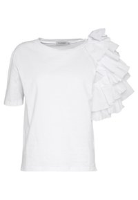 Valkoinen lyhythihainen t-paita, jossa on rakenne ja röyhelöt yhdellä olkapäällä. Valmistettu pehmeästä, kevyestä kankaasta. Pyöreä pääntie.