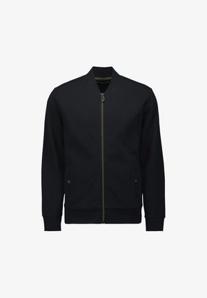 Schwarze langärmelige Jacke mit Reißverschluss, Stehkragen, Frontreißverschluss und zwei seitlichen Taschen mit Knopfverschluss.