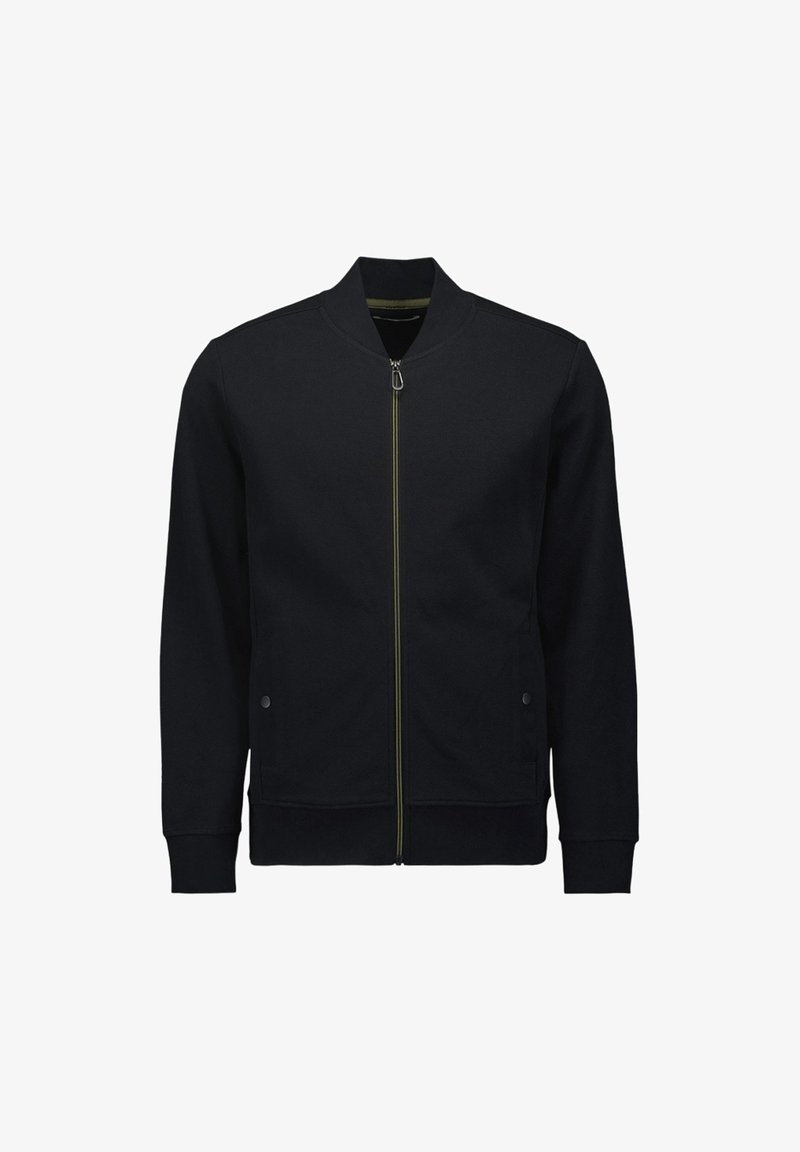 Veste noire à manches longues avec fermeture éclair, col montant, fermeture éclair devant et deux poches latérales avec boutons.