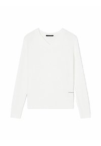 Weißer V-Ausschnitt-Pullover mit langen Ärmeln, gerippten Bündchen und Saum. Weiche Textur, minimalistisches Design mit einem kleinen Logo-Akzent am unteren Rand.