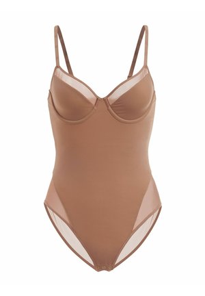 Brun bodysuit med underwire-kopper, gennemsigtige mesh-paneler i siderne, justerbare stropper og trykknaplukning nederst. Glat tekstur.