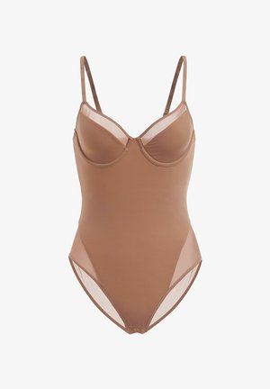 Brun bodysuit med underwire-kopper, gennemsigtige mesh-paneler i siderne, justerbare stropper og trykknaplukning nederst. Glat tekstur.