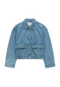 Vaaleansininen farkkutakki, jossa on kauluksellinen kaula-aukko, napitus edessä, kaksi rintataskua ja lyhyet hihat. Silkkinen pinta ja yksinkertainen muotoilu.