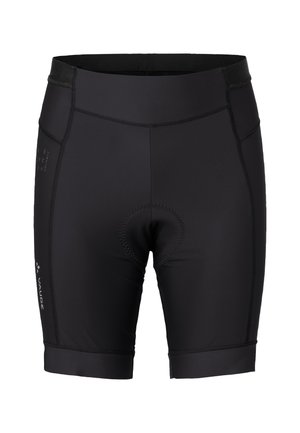 Black cycling shorts made of stretchy fabric, featuring a padded seat area, flat seams, and a close-fitting design.