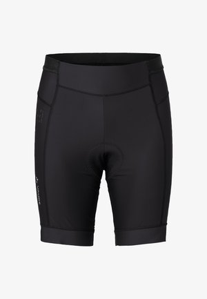 Black cycling shorts made of stretchy fabric, featuring a padded seat area, flat seams, and a close-fitting design.