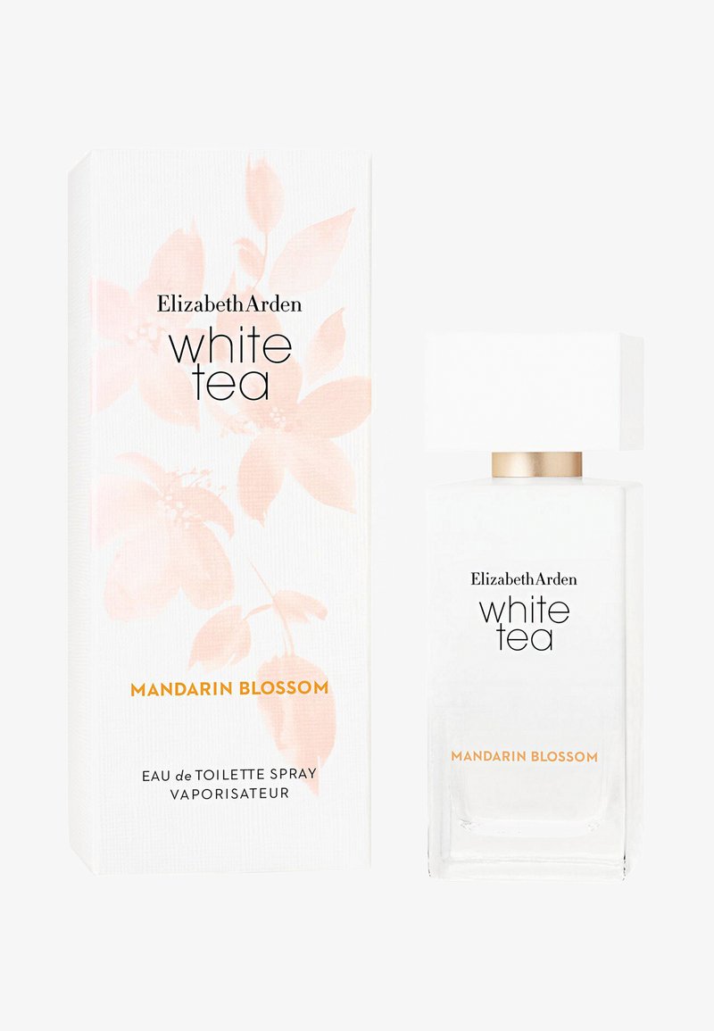 Spray eau de toilette Elizabeth Arden White Tea Mandarin Blossom avec boîte blanche arborant un dessin floral pâle et du texte doré.