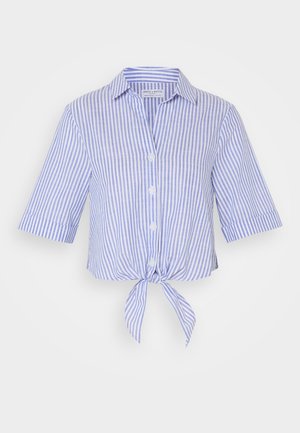 Chemise à manches courtes, col, à rayures bleues et blanches avec un détail de nœud à l'avant. Fabriquée en tissu léger avec des fermetures à boutons.