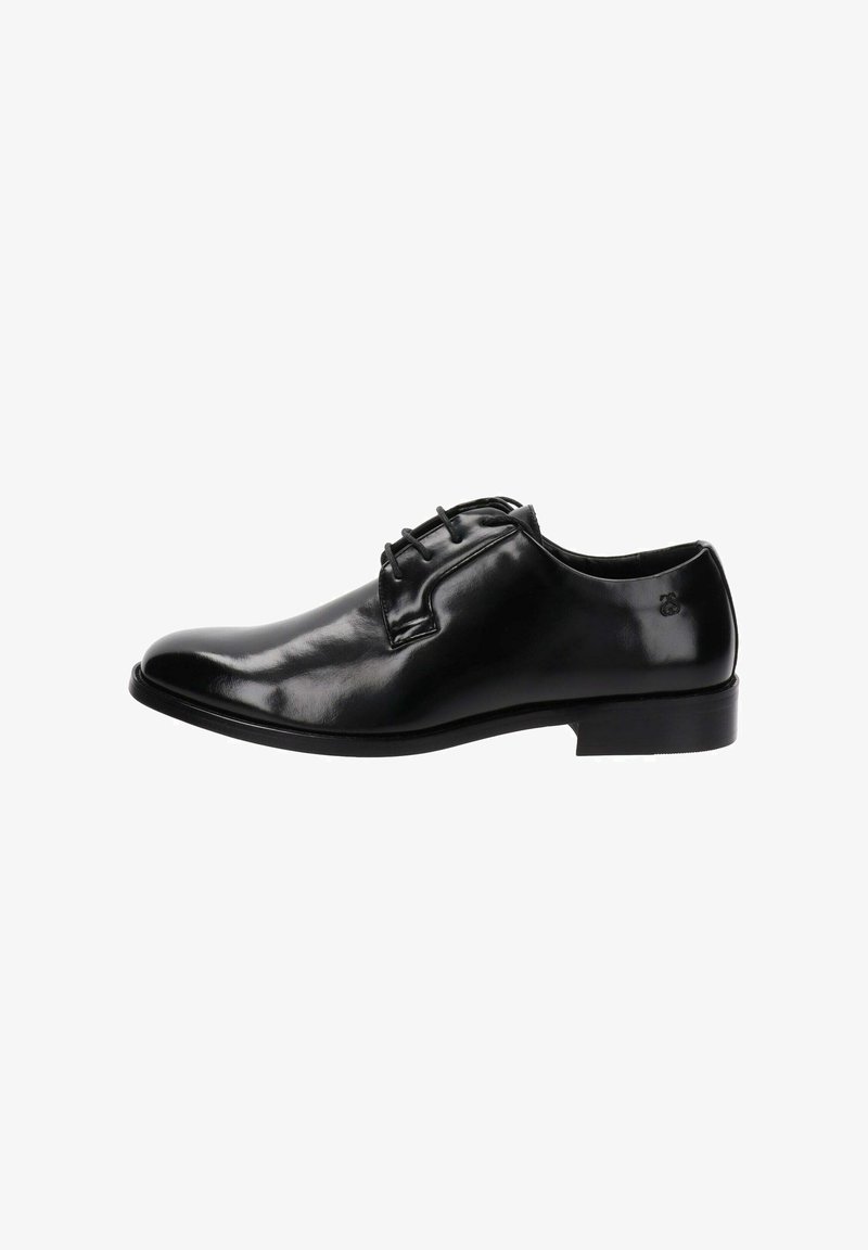Chaussure habillée en cuir noir avec un bout arrondi, un design à lacets, une texture lisse et brillante, et un talon bas. Présente un logo discret sur le côté.