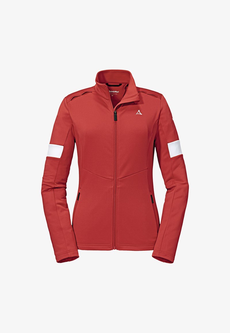 Röd softshell-jacka med hög krage, hel dragkedja och vita detaljer på ärmarna. Har en figurnära design och strukturerad tyg.