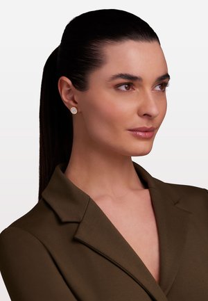 Boucles d'oreilles en métal doré avec un design circulaire, ornées de détails en pavé de petites pierres claires. L'arrière-plan est neutre pour mettre en valeur les bijoux.