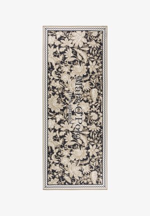 Sciarpa rettangolare nera e beige con motivo floreale e testo "Marc O'Polo EST. IN STOCKHOLM" centrato verticalmente.