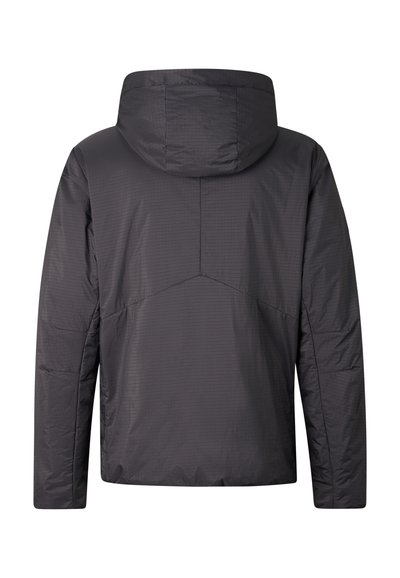 Donkergrijze hoodie met lange mouwen, zichtbare naden die een geometrisch patroon vormen op de achterkant, lichtgewicht en gladde stof.